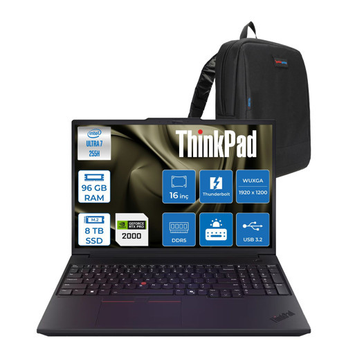 Thinkpad P16V Gen3 Intel Core Ultra 7 255H 96GB 8tb SSD 8GB/RTXPRO2000 16" Wuxga IPS 400NITS 60Hz Wi-Fi7 Windows 11 Pro Taşınabilir Iş Istasyonu 21RS000BTXP56 + Zettaçanta
