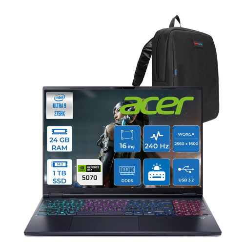 Predator Helıos Neo 16S Aı Intel®core™ Ultra 9 275HX 24GB Ddr5 1tb SSD 8GB/RTX5070 115W OLED 16"wqxga 2560 x 1600 240Hz Freedos Gaming Bilgisayar. NHQZFEY002F03+ZETTAÇANTA