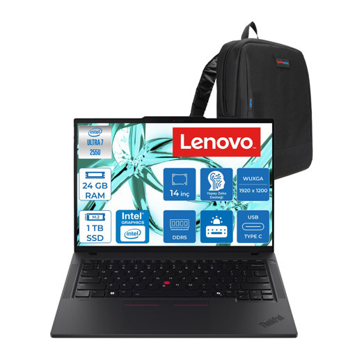 Thinkpad T14 Gen 6 Intel Core Ultra 7 255U 24GB Ddr5 1tb SSD Freedos Intel Aı Boost 14" Wuxga (1920X1200) IPS 500NITS 100% Srgb Taşınabilir Bilgisayar 21QC00CKTXF08 + Zetta Çanta
