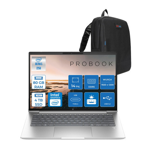 Probook 4 G1I Aı Intel Core Ultra 5 225U 80GB Ddr5 4tb SSD Freedos Intel® Aı Boost 14" WUXGA(1920X1200) IPS 300NITS Taşınabilir Bilgisayar C9FH0ETF35 + Zetta Çanta