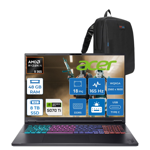 Nitro 18 Ryzen Aı 9 365 64GB 8tb SSD 12GB/RTX5070TI/115W 18" Qhd (2560 x 1600) 165Hz Mat IPS Windows 11 Pro Gaming Bilgisayar NHQYFEY001F54 + Zettaçanta