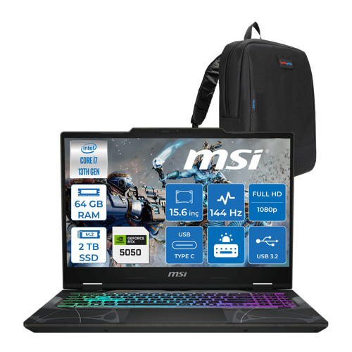 Cyborg 15 Intel Core I7 13620H 64GB Ddr5 2tb SSD RTX5050 Gddr7 8gb Freedos 15.6" Fullhd (1920X1080) 144HZ IPS Taşınabilir Bilgisayar B13WEKG613XTRF29 + Zetta Çanta