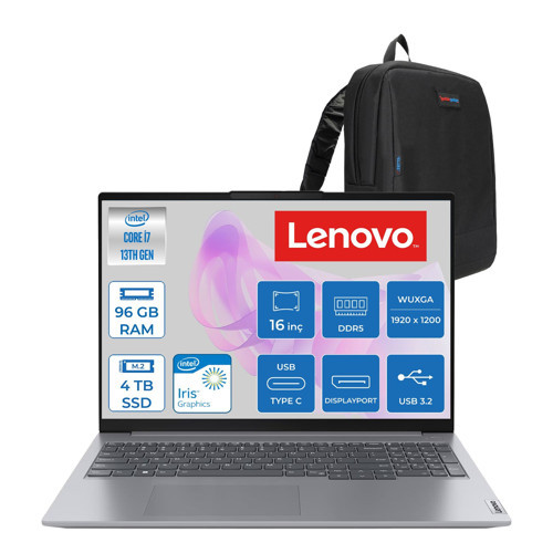 Thinkbook 16 Gen6 Irl Intel Core I7 13700H 96GB Ddr5 4tb SSD Freedos Iris Xe Graphics 16" Wuxga (1920X1200) IPS 300NITS Taşınabilir Bilgisayar T21KH00WATRF61 + Zetta Çanta