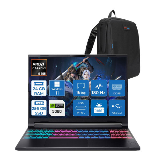 Nitro V 16S Aı AN16S Amd Ryzen™ Aı 9 365 24GB Ddr5 256GB SSD 8GB/RTX5060 115W 16"qhd+ 2560X1600 180Hz IPS WIN11PRO Gaming Bilgisayar. NHQXUEY001P01+ZETTAÇANTA