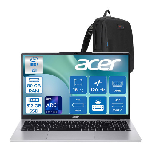 Aspire Lite AL16-71P Intel Core Ultra 5 125H 4.5ghz 80GB Ddr5 512GB SSD Freedos Arc Graphics 16" 120Hz IPS Fullhd+ (1920X1200) Taşınabilir Bilgisayar NXDCLEY001F32 + Zetta Çanta