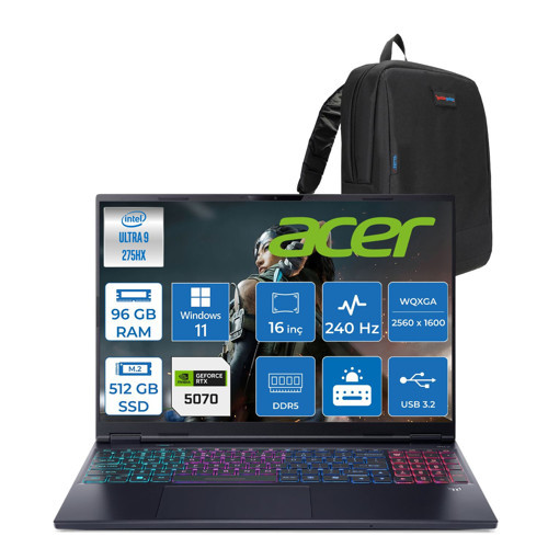 Predator Helıos Neo 16S Aı Intel®core™ Ultra 9 275HX 96GB Ddr5 512GB SSD 8GB/RTX5070 115W OLED 16"wqxga 2560 x 1600 240Hz WIN11HOME Gaming Bilgisayar. NHQZFEY002H27+ZETTAÇANTA
