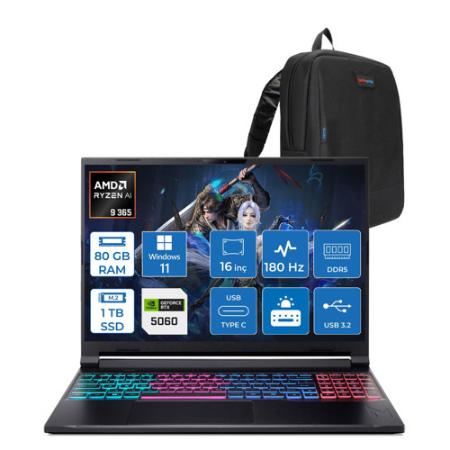 Nitro V 16S Aı AN16S Amd Ryzen™ Aı 9 365 80GB Ddr5 1tb SSD 8GB/RTX5060 115W 16"qhd+ 2560X1600 180Hz IPS WIN11PRO Gaming Bilgisayar. NHQXUEY001P23+ZETTAÇANTA