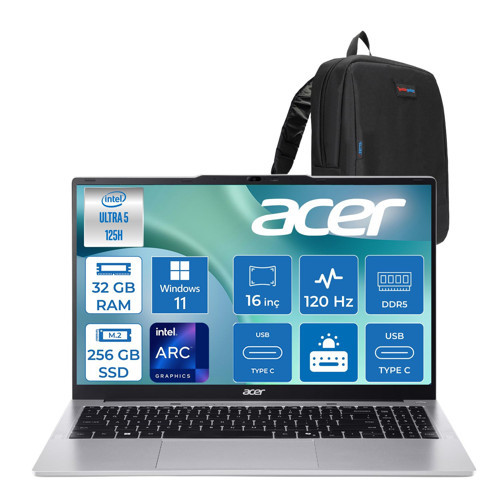 Aspire Lite AL16-71P Intel Core Ultra 5 125H 4.5ghz 32GB Ddr5 256GB SSD Windows 11 Home Arc Graphics 16" 120Hz IPS Fullhd+ (1920X1200) Taşınabilir Bilgisayar NXDCLEY001H11 + Zetta Çanta