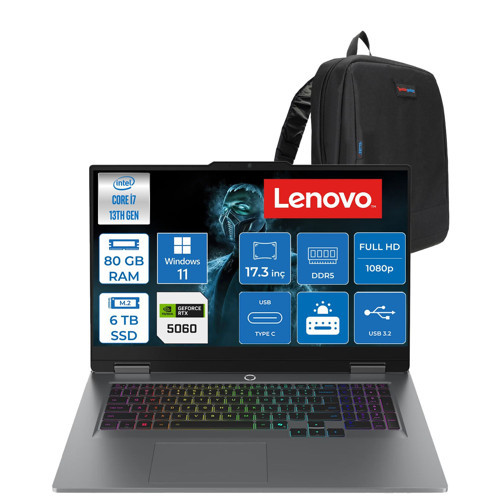 Loq 17IRX10 Intel Core I7 13700HX 80GB Ddr5 6tb SSD RTX5060 8gb 115W Windows 11 Pro 17.3 Inç Fhd (1920X1080) IPS 300NITS 165HZ 100% Srgb Taşınabilir Bilgisayar W83JH00BQTRP41 + Zetta Çanta