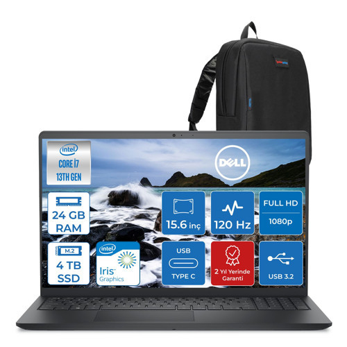 Vostro 3530 Intel Core I7-1355U 24GB 4tb SSD Intel Iris Xe 15.6 Inç 120Hz Fhd 1920X1080 Freedos Taşınabilir Bilgisayar N1601PVNB3530F10+ZETTAÇANTA