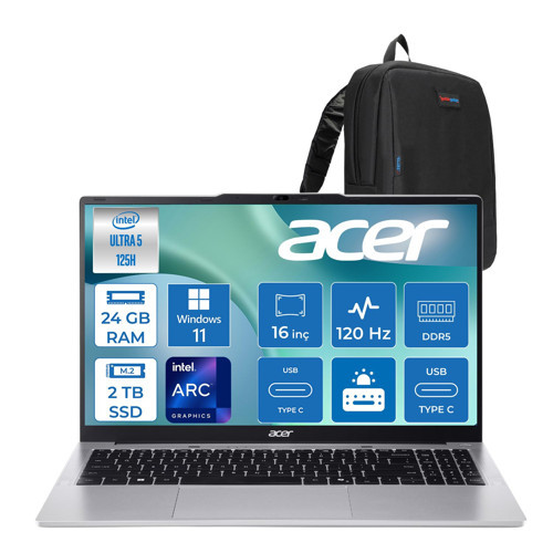 Aspire Lite AL16-71P Intel Core Ultra 5 125H 4.5ghz 24GB Ddr5 2tb SSD Windows 11 Pro Arc Graphics 16" 120Hz IPS Fullhd+ (1920X1200) Taşınabilir Bilgisayar NXDCLEY001P09 + Zetta Çanta