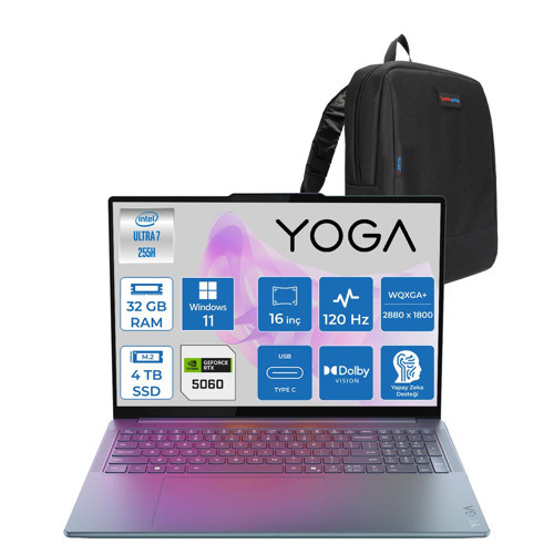 Yoga 9 16IAH10 Pro Aura Edition Intel Ultra Core 7 255H 32GB 4tb SSD 8GB/RTX5060/GDDR7 16" 2.8k Wqxga+ OLED 1100NITS 120Hz Windows 11 Pro Taşınabilir Bilgisayar 83L0002LTRP12 + Zettaçanta