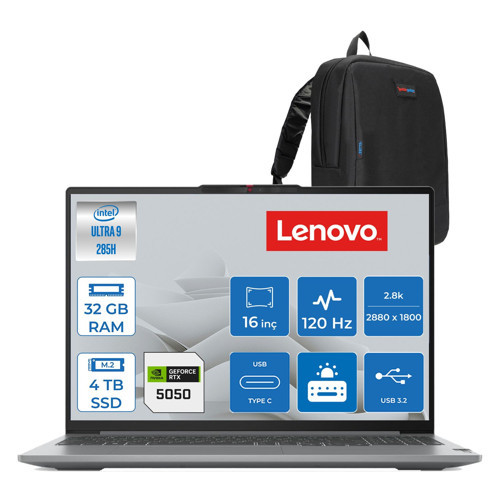 Ideapad Pro 5 16IAH10 Intel Core Ultra 9 285H 32GB 8400MHZ 4tb SSD Freedos RTX5050 8gb Gddr7 16" 2.8k (2880X1800) OLED 1100NITS 120Hz IP83JM0012TRF05 + Zetta Çanta