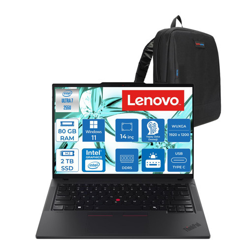 Thinkpad T14 Gen 6 Intel Core Ultra 7 255U 80GB Ddr5 2tb SSD Windows 11 Pro Intel Aı Boost 14" Wuxga (1920X1200) IPS 500NITS 100% Srgb Taşınabilir Bilgisayar 21QC00CKTXP34 + Zetta Çanta