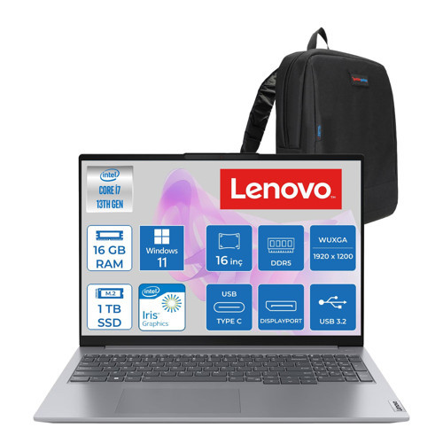 Thinkbook 16 Gen6 Irl Intel Core I7 13700H 24GB Ddr5 6tb SSD Windows 11 Pro Iris Xe Graphics 16" Wuxga (1920X1200) IPS 300NITS Taşınabilir Bilgisayar T21KH00WATRP20 + Zetta Çanta