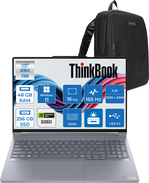 Thinkbook 16P G6 Iax Intel Core Ultra 9 275HX 48GB Ddr5 256GB SSD Windows 11 Home RTX5060 8gb 115W 16" 3.2k (3200X2000) IPS 500NITS 165Hz Taşınabilir Bilgisayar 21R0001JTXH29 + Zetta Çanta