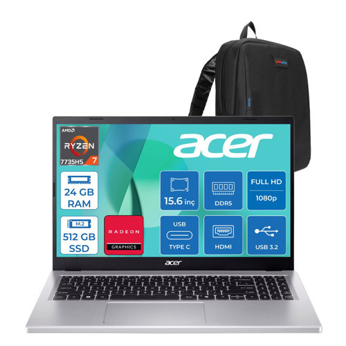 Aspire Go AG15-41 Amd Ryzen 7 7735HS 24GB 512GB SSD Freedos Amd Radeon Graphics 15.6'' Fullhd (1920X1080) Taşınabilir Bilgisayar NXJ7FEY002F05 + Zetta Çanta