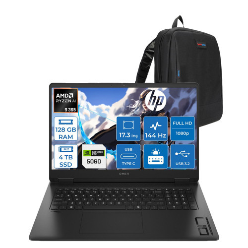 Omen 17-DB1022NT Amd Ryzen Aı 9 365 128GB Ddr5 4tb SSD Freedos RTX5060 8gb Gddr6 17.3 Inç Fullhd (1920 x 1080) 144Hz 7ms 300NITS IPS Taşınabilir Bilgisayar CD5N2EAF52 + Zetta Çanta