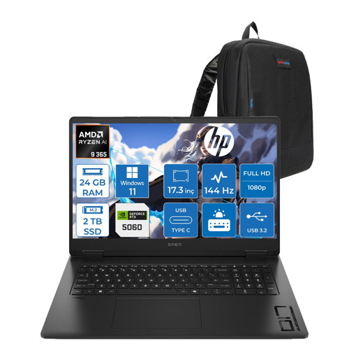 Omen 17-DB1022NT Amd Ryzen Aı 9 365 24GB Ddr5 2tb SSD Windows 11 Home RTX5060 8gb Gddr6 17.3 Inç Fullhd (1920 x 1080) 144Hz 7ms 300NITS IPS Taşınabilir Bilgisayar CD5N2EAH09 + Zetta Çanta