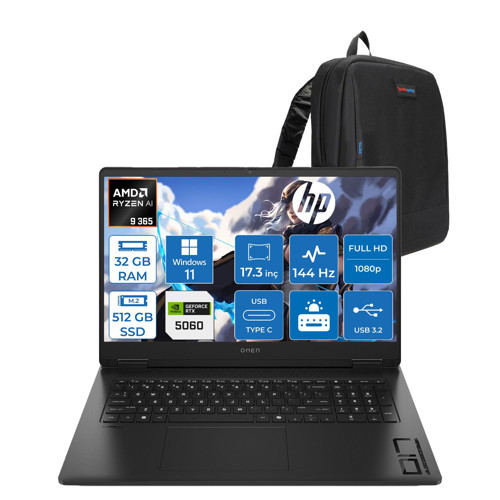 Omen 17-DB1022NT Amd Ryzen Aı 9 365 32GB Ddr5 512GB SSD Windows 11 Home RTX5060 8gb Gddr6 17.3 Inç Fullhd (1920 x 1080) 144Hz 7ms 300NITS IPS Taşınabilir Bilgisayar CD5N2EAH13 + Zetta Çanta