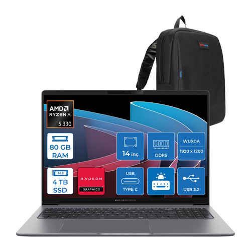 Expertbook P3 PM3406CKA Ryzen Aı 5-330 80GB Ddr5 4tb SSD Radeon 820M 14.0-Inch, Wuxga (1920 x 1200) 300NITS Freedos Taşınabilir Bilgisayar PM3406CKA5F25+ZETTAÇANTA