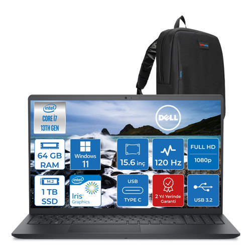 Vostro 3530 Intel Core I7-1355U 64GB 1tb SSD Intel Iris Xe 15.6 Inç 120Hz Fhd 1920X1080 WIN11PRO Taşınabilir Bilgisayar N1601PVNB3530P23+ZETTAÇANTA
