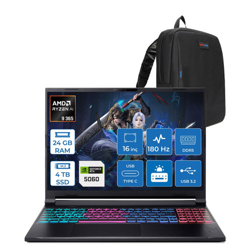 Nitro V 16S Aı AN16S Amd Ryzen™ Aı 9 365 24GB Ddr5 4tb SSD 8GB/RTX5060 115W 16"qhd+ 2560X1600 180Hz IPS Freedos Gaming Bilgisayar. NHQXUEY001F05+ZETTAÇANTA