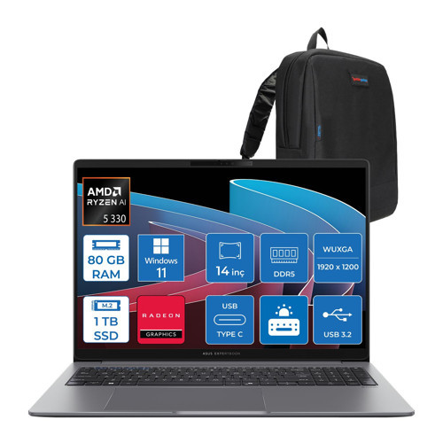 Expertbook P3 PM3406CKA Ryzen Aı 5-330 80GB Ddr5 1tb SSD Radeon 820M 14.0-Inch, Wuxga (1920 x 1200) 300NITS WIN11PRO Taşınabilir Bilgisayar PM3406CKA5P23+ZETTAÇANTA