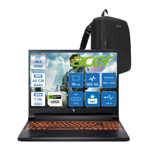 Nitro ANV16 Intel Core I5 14450HX 4.8ghz 40GB Ddr5 1tb SSD Freedos RTX4050 85W 6gb 16" IPS Wuxga (1920 x 1200) 165HZ Taşınabilir Bilgisayar NHQTREY001F18 + Zetta Çanta