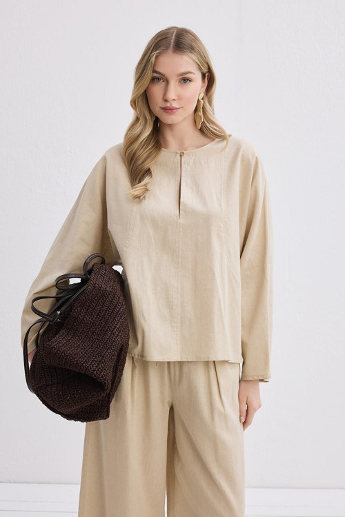 Açık Hakim Yaka Keten Gömlek Naturel