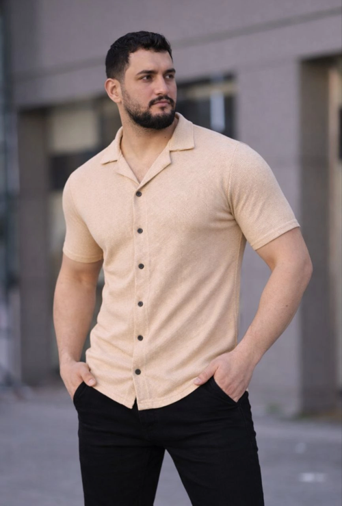 Erkek Waffle Kumaş Kısa Kollu Düğmeli Açık Yaka Regular Fit Gömlek - Bej