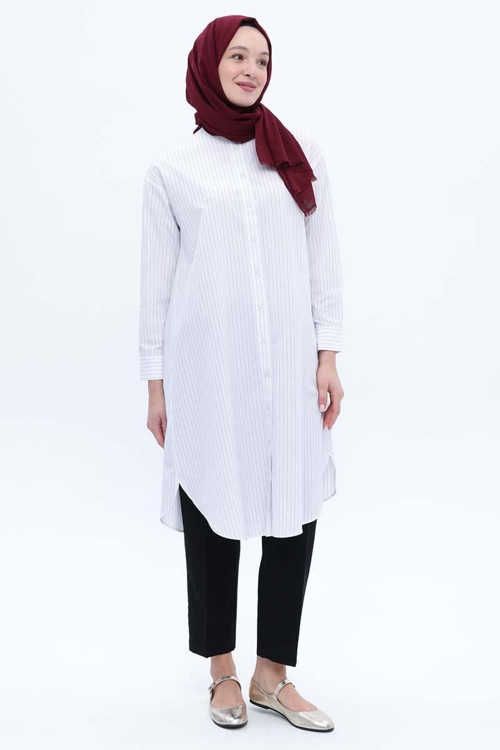 Beyaz-Pamuklu Çizgili Poplin Gömlek Tunik