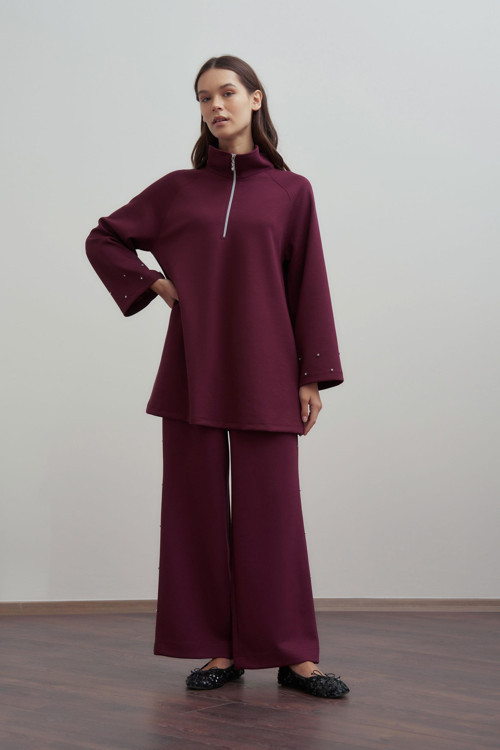 Bordo-Yumuşak Dokulu Taşlı Pantolonlu Takım