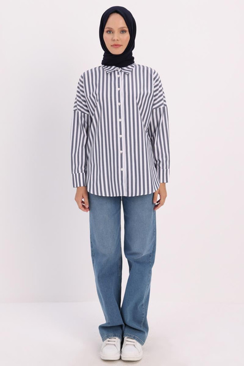 Lacivert-Beyaz-Oversize Basic Gömlek