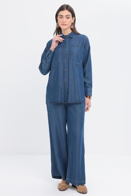 Koyu Mavi-Büyük Cepli Denim Pantolonlu Takım