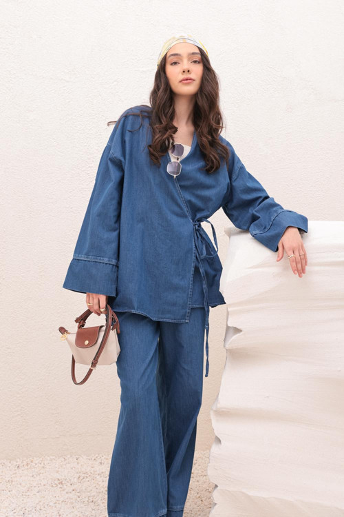 Koyu Mavi-Bel Bağlamalı Pantolonlu Takım