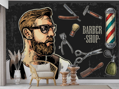 Portre Stil Erkek Modern Kuaför Berber Aletleri Duvar Kağıdı