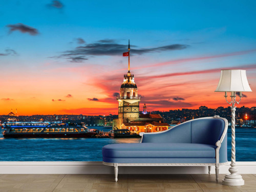 Gün Batımı İstanbul Kız Kulesi Şehir Manzarası Duvar Kağıdı