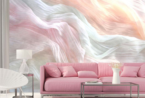 Pembe ve Beyaz Kumaş Efektli Soyut Duvar Kağıdı