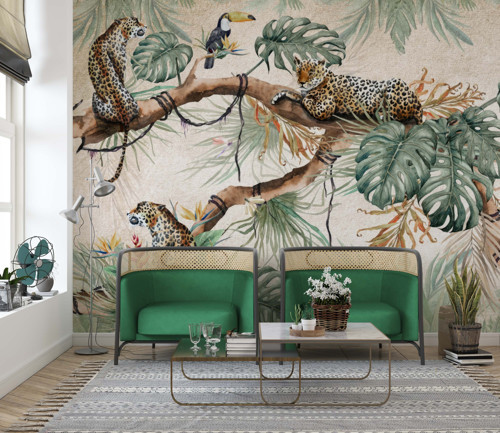 Tropik Dallarda Leoparlar Bej Duvar Kağıdı
