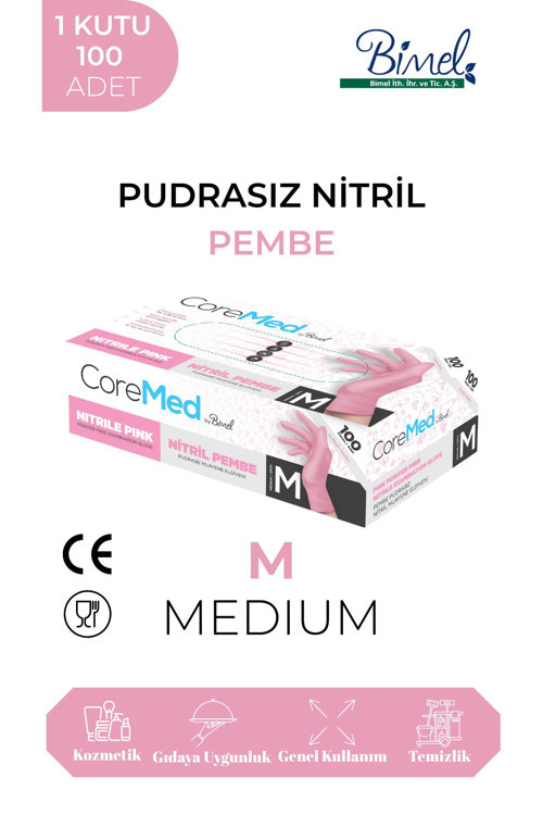 Toz Pembe Nitril Muayene Eldiveni Pudrasız 100’lük Kutu - Medium