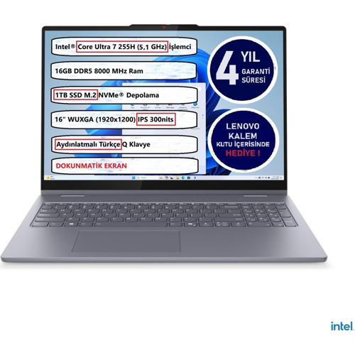 Ideapad 5 2 In 1 16IAL10 Intel® Core Ultra 7 255H 16GB 1tb SSD 16" Touch 83KS002ATR Freedos Dokunmatik Bilgisayar