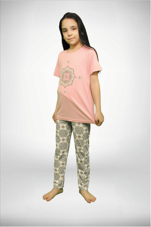 Kız Çocuk 10-12-14 Yaş Koyu Pembe Baskılı 3 'Lü Yazlık Pijama Takımı 4001