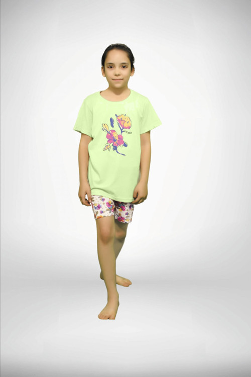 Kız Çocuk 10-12-14 Yaş Yeşil Renkli Çiçek Baskı 3 'Lü Yazlık Pijama Takımı 4001