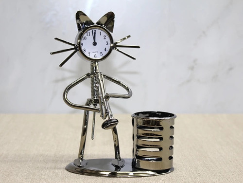 Metal Saksafon Çalan Kedi Müzisyen Saat Ve Kalemlik Alk4346
