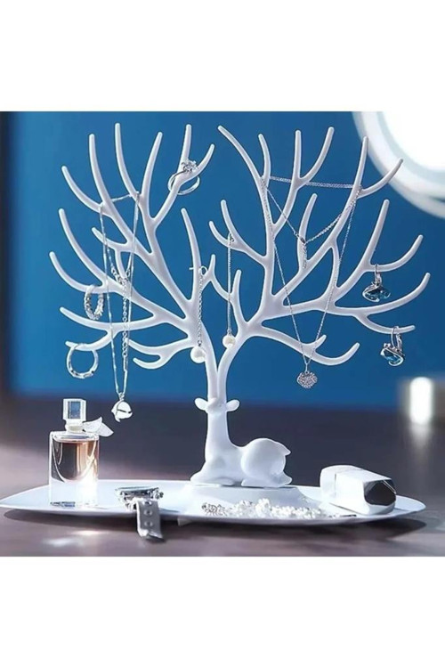 Beyaz Renk Geyik Tasarım Takı Standı Yüzük Küpe Kolye Bilezik Askılığı Mücevher Organizer Askı