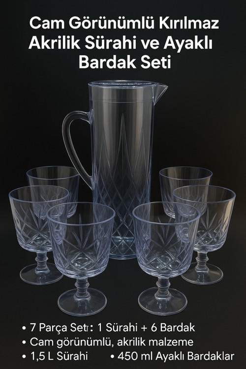 1,5 L Şeffaf Akrilik Sürahi 6’lı 450 ml Ayaklı Bardak Seti Cam Görünümlü Çeyizlik Ev İşyeri