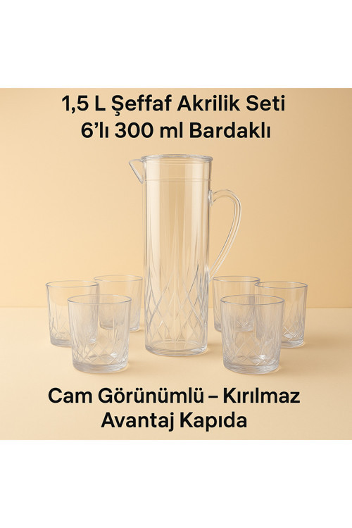 1,5 L Şeffaf Akrilik Sürahi ve 6’lı 300 ml Su Meşrubat Ayran Bardak Seti Kırılmaz, Ev İşyeri Lokanta