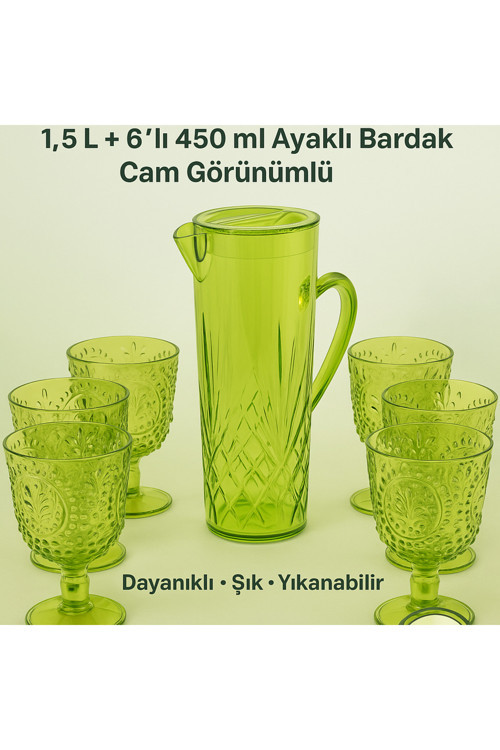 Sürahi Bardak Seti Yeşilim Akrilik 1.5 L Desenli + 6’Lı 450 Ml Ayaklı Kadeh Cam Görünümlü Çeyizlik