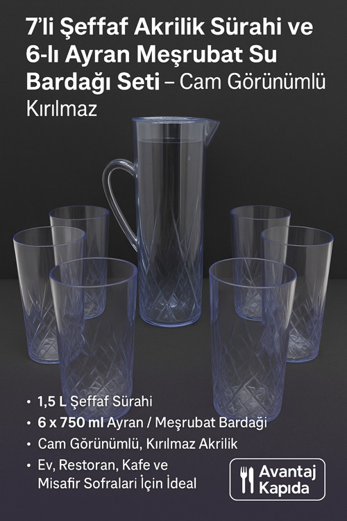 7 Parça Cam Görünümlü Akrilik Sürahi 1.5L ve 750 Ml Bardak Seti – Ev İşyeri Çeyizlik Dayanıklı